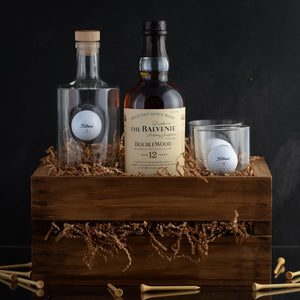 Custom Whiskey Golf Tournament Gift Basket Set with free engraving for whiskey lovers and golf lovers