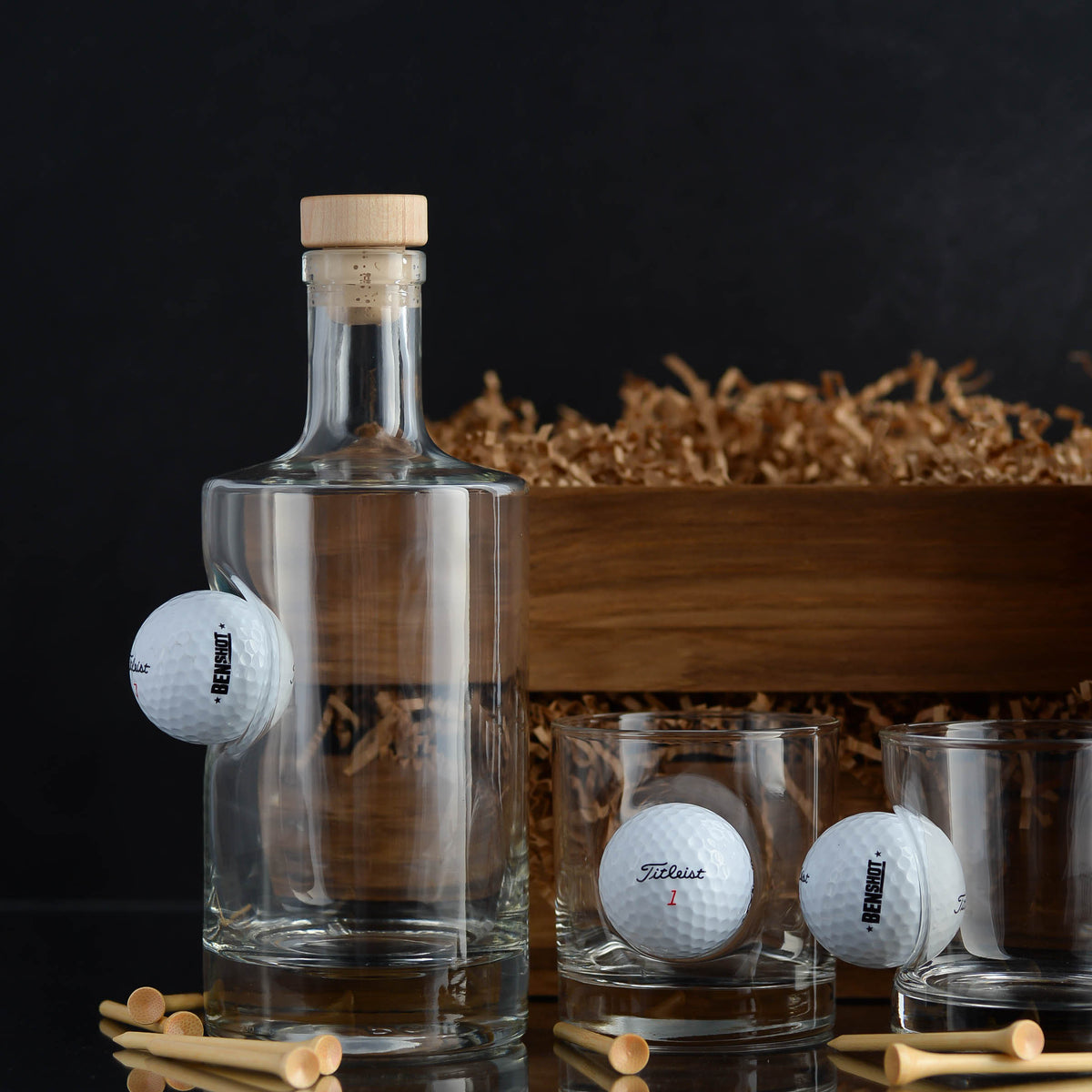 Custom Whiskey Golf Tournament Gift Basket Set with free engraving for whiskey lovers and golf lovers
