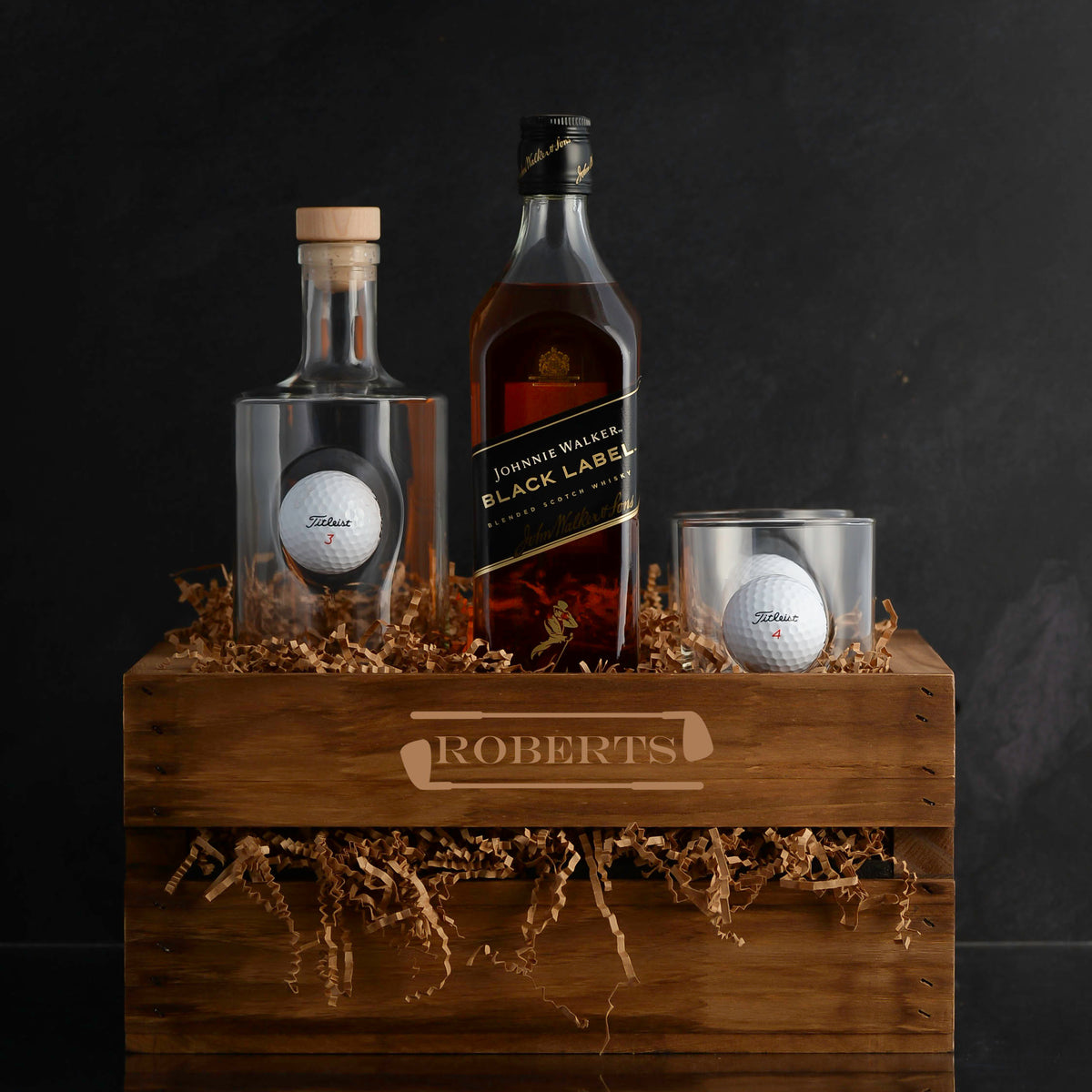Johnnie Walker Scotch Whisky Personalized Gift Basket Set for whiskey lovers, golf lovers, corporate events, and executive gifts