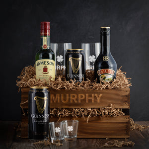 Jameson Whiskey, Guinness Stout, and Baileys Gift basket crate. Perfect for St. Patrick's Day or any special occasion. Fast Delivery.