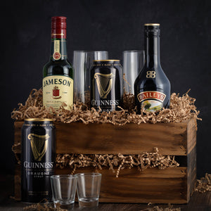 Jameson Whiskey, Guinness Stout, and Baileys Gift basket crate. Perfect for St. Patrick's Day or any special occasion. Fast Delivery.