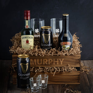 Jameson Whiskey, Guinness Stout, and Baileys Gift basket crate. Perfect for St. Patrick's Day or any special occasion. Fast Delivery.