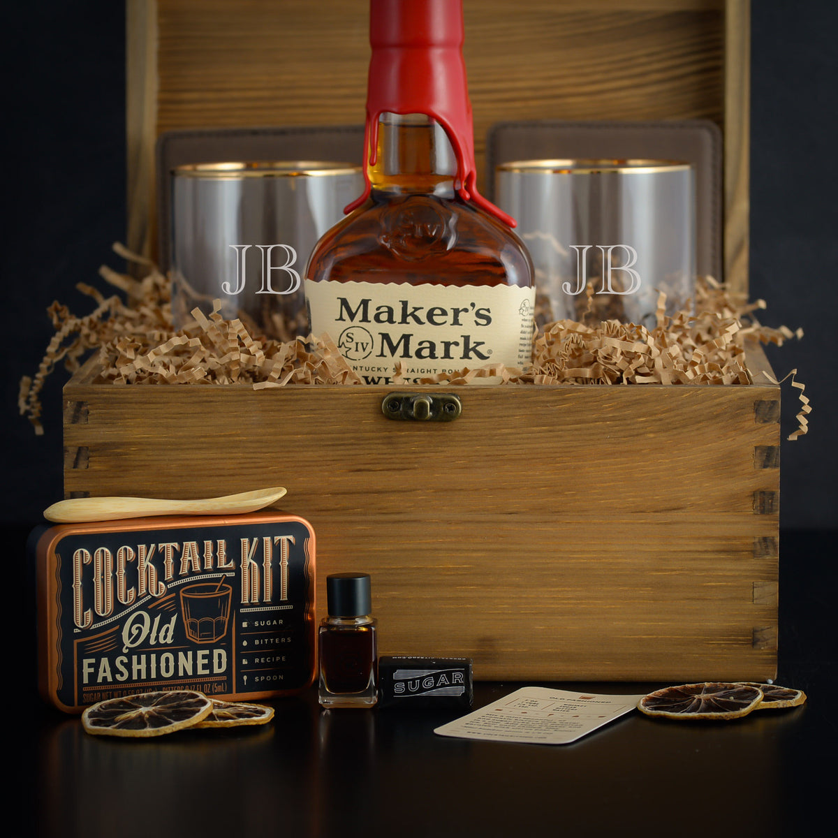 Maker's Mark Old Fashioned Whiskey Gift Box Set with custom engraving on glasses