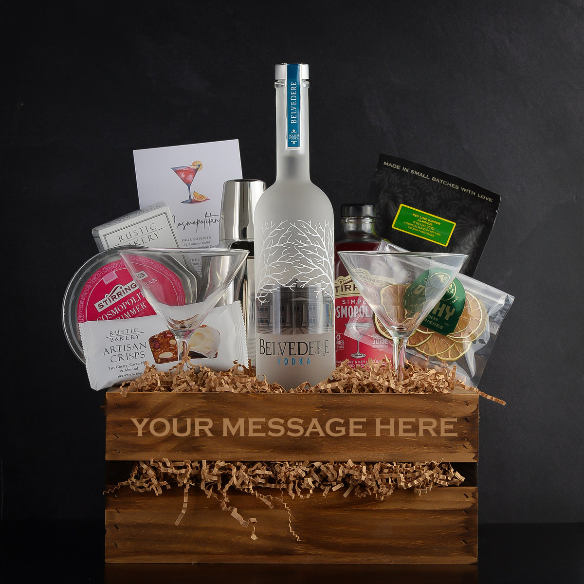 Belvedere Vodka Cosmopolitan Cocktail Gift Basket Set for birthdays, anniversaries, closings, or any vodka lover