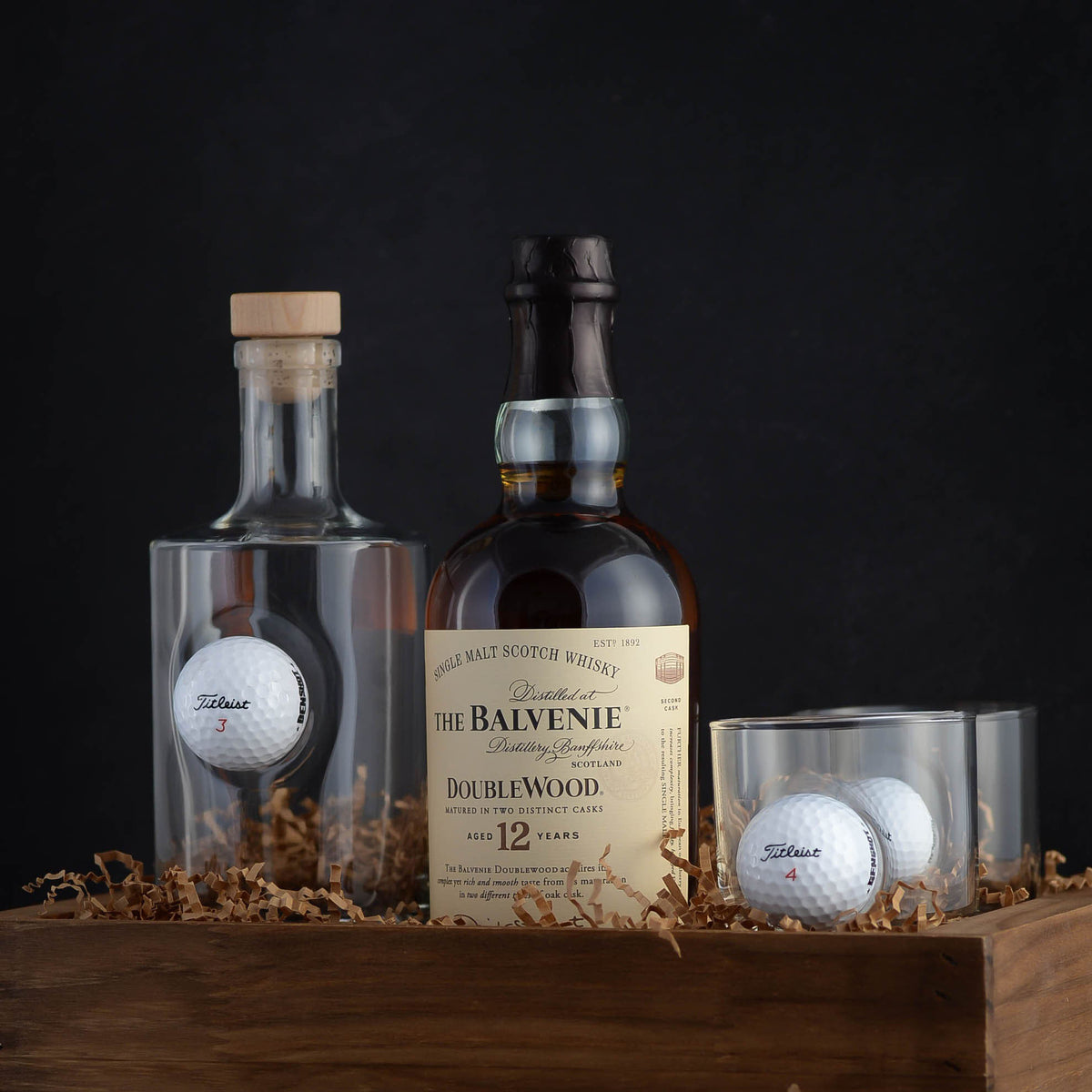 Custom Whiskey Golf Tournament Gift Basket Set with free engraving for whiskey lovers and golf lovers
