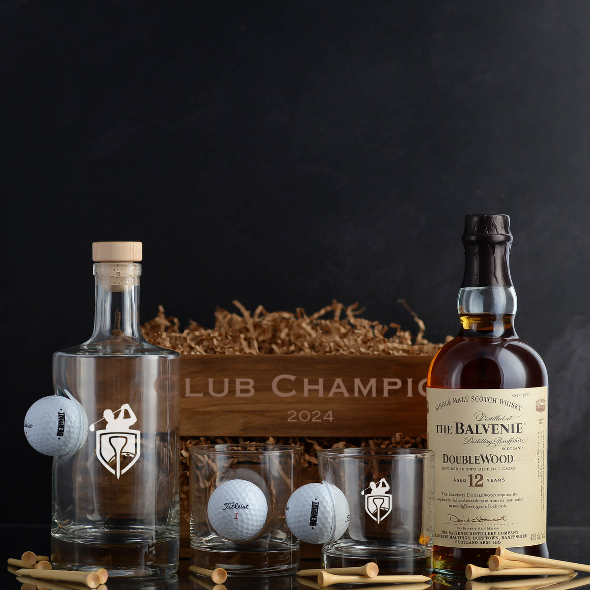 Custom Whiskey Golf Tournament Gift Basket Set with free engraving for whiskey lovers and golf lovers