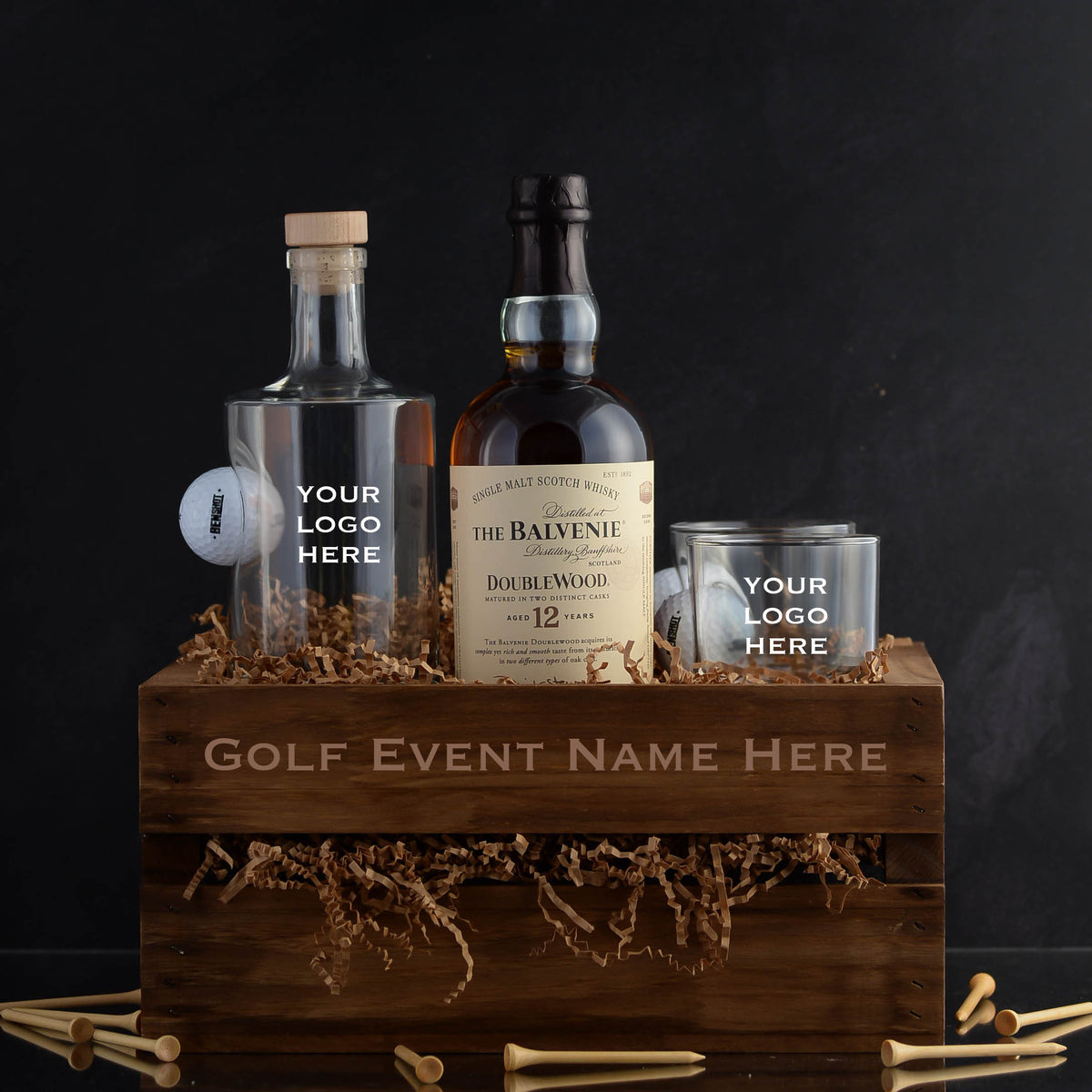 Custom Whiskey Golf Tournament Gift Basket Set with free engraving for whiskey lovers and golf lovers
