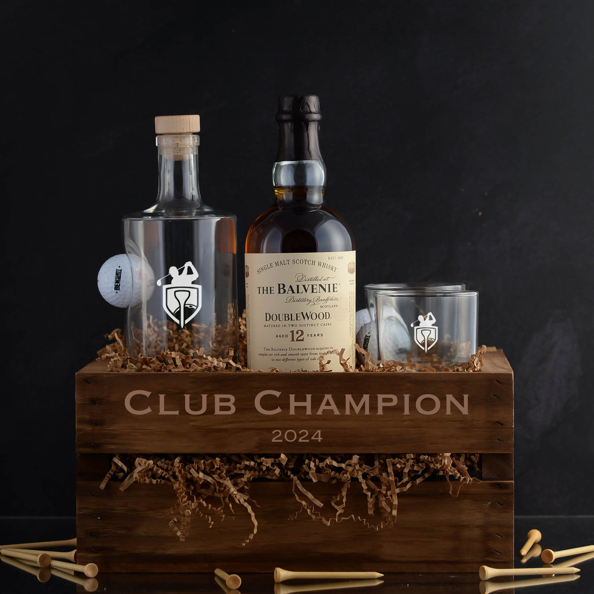 Custom Whiskey Golf Tournament Gift Basket Set with free engraving for whiskey lovers and golf lovers