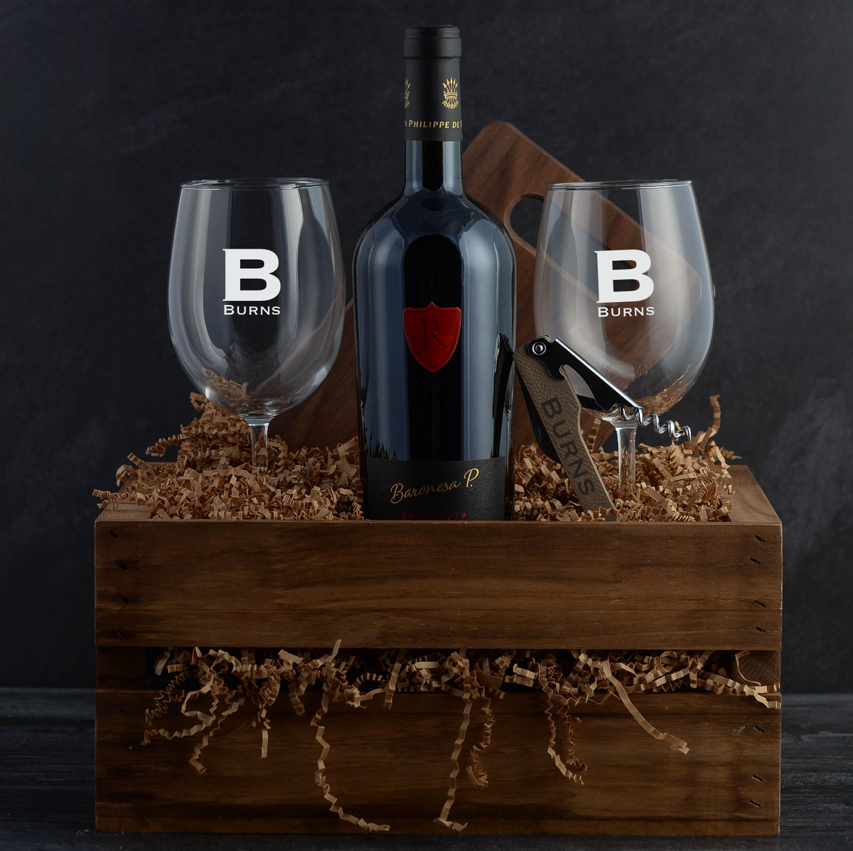 Baronesa P Cabernet Luxury Wine Gift Basket with personalization for birthdays, holidays, corporate wine gifts, thank-yous, and closings
