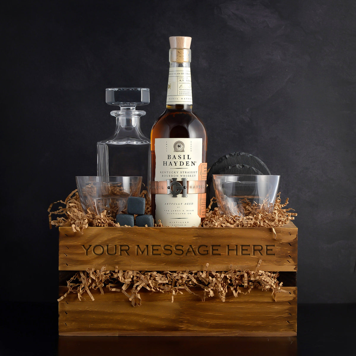 Personalized Bourbon Whiskey Gift Basket Set with glasses for whiskey lovers, birthdays and corporate gifts