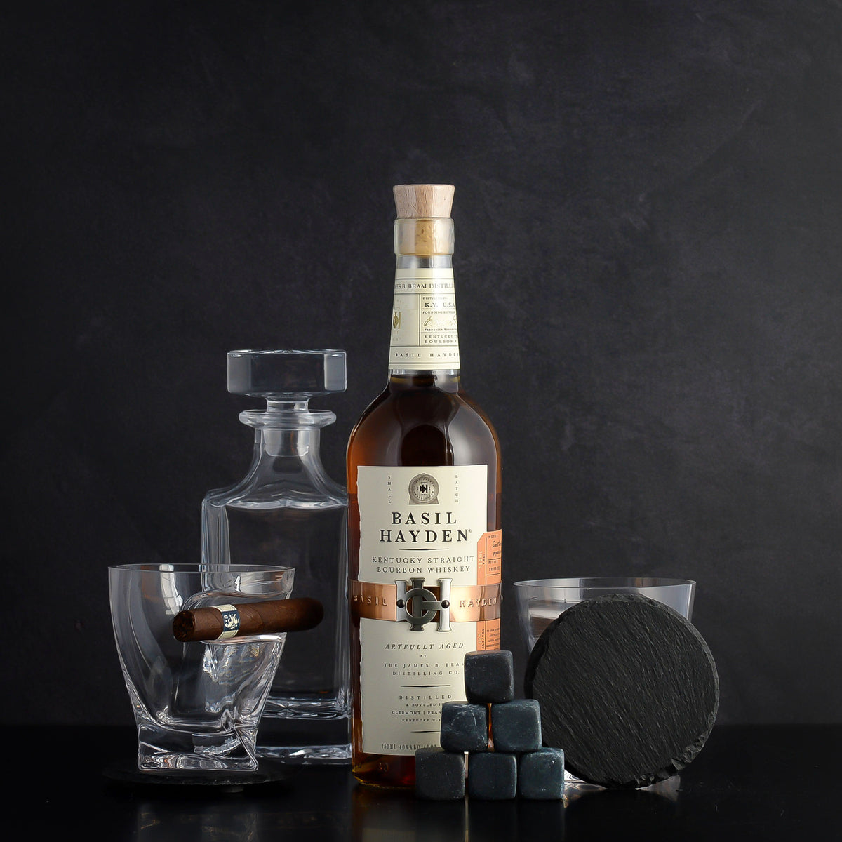 Basil Hayden Bourbon Whiskey Gift Basket Set with engraving for whiskey lovers