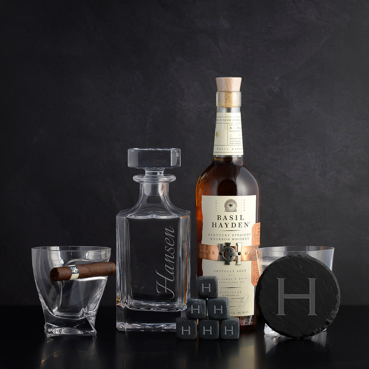 Engraved Basil Hayden Bourbon Whiskey Gift Basket Set for closings, birthdays, retirements, and a thank you gift