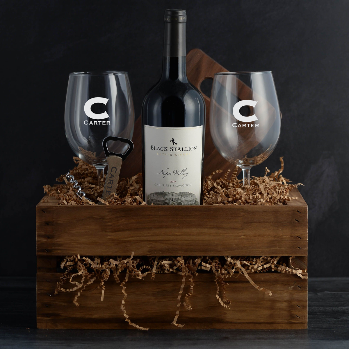 Black Stallion Cabernet Luxury Wine Gift Basket with personalization for birthdays, holidays, corporate wine gifts, thank-yous, and closings