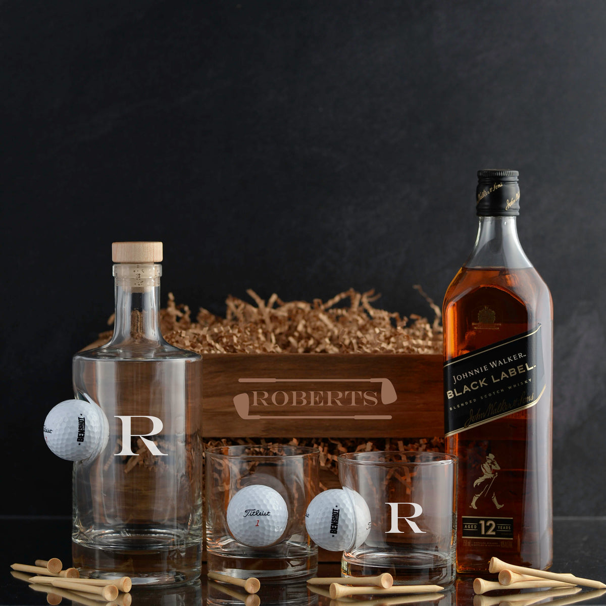 Johnnie Walker Scotch Whisky Personalized Gift Basket Set for whiskey lovers, golf lovers, corporate events, and executive gifts