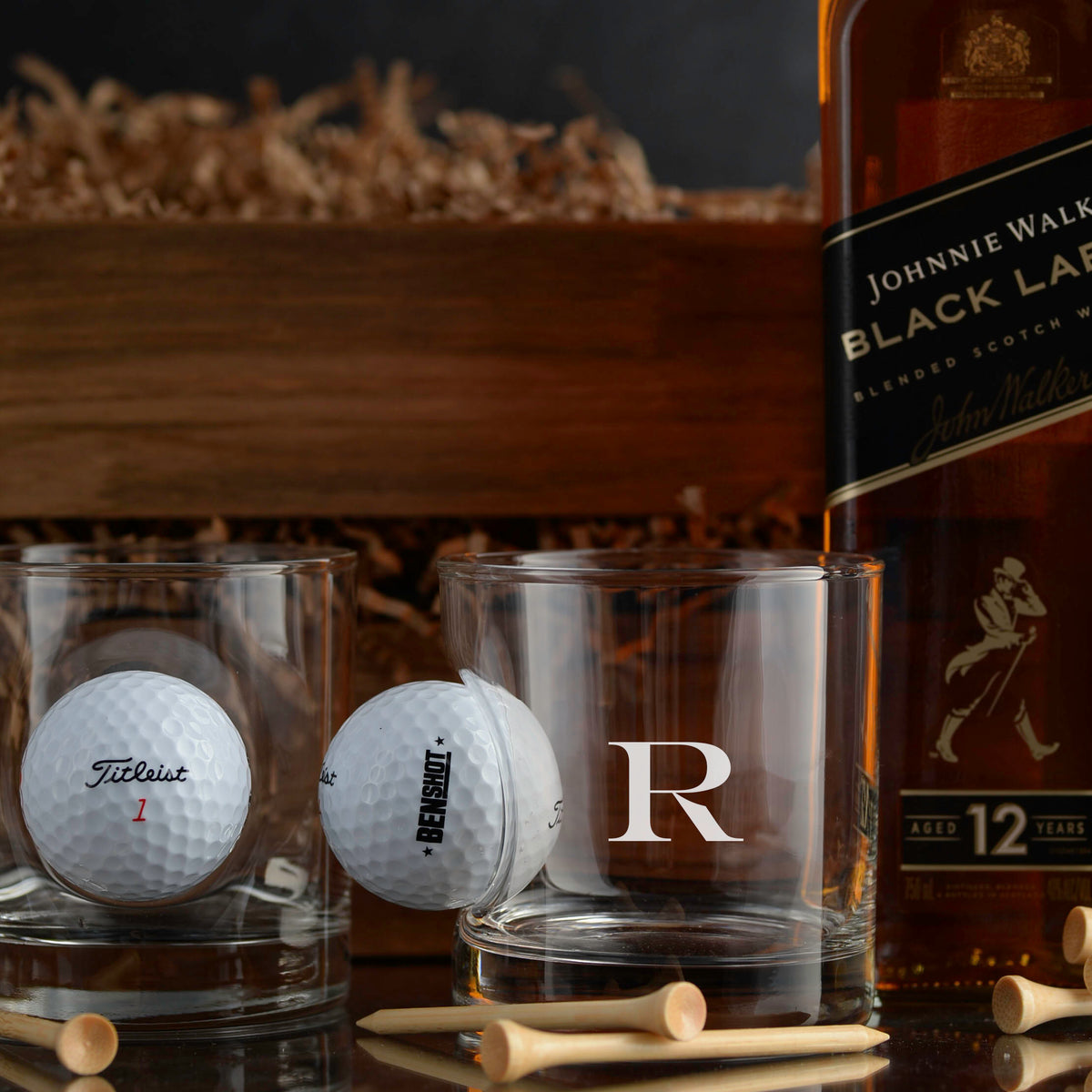 Johnnie Walker Scotch Whisky Personalized Gift Basket Set for whiskey lovers, golf lovers, corporate events, and executive gifts