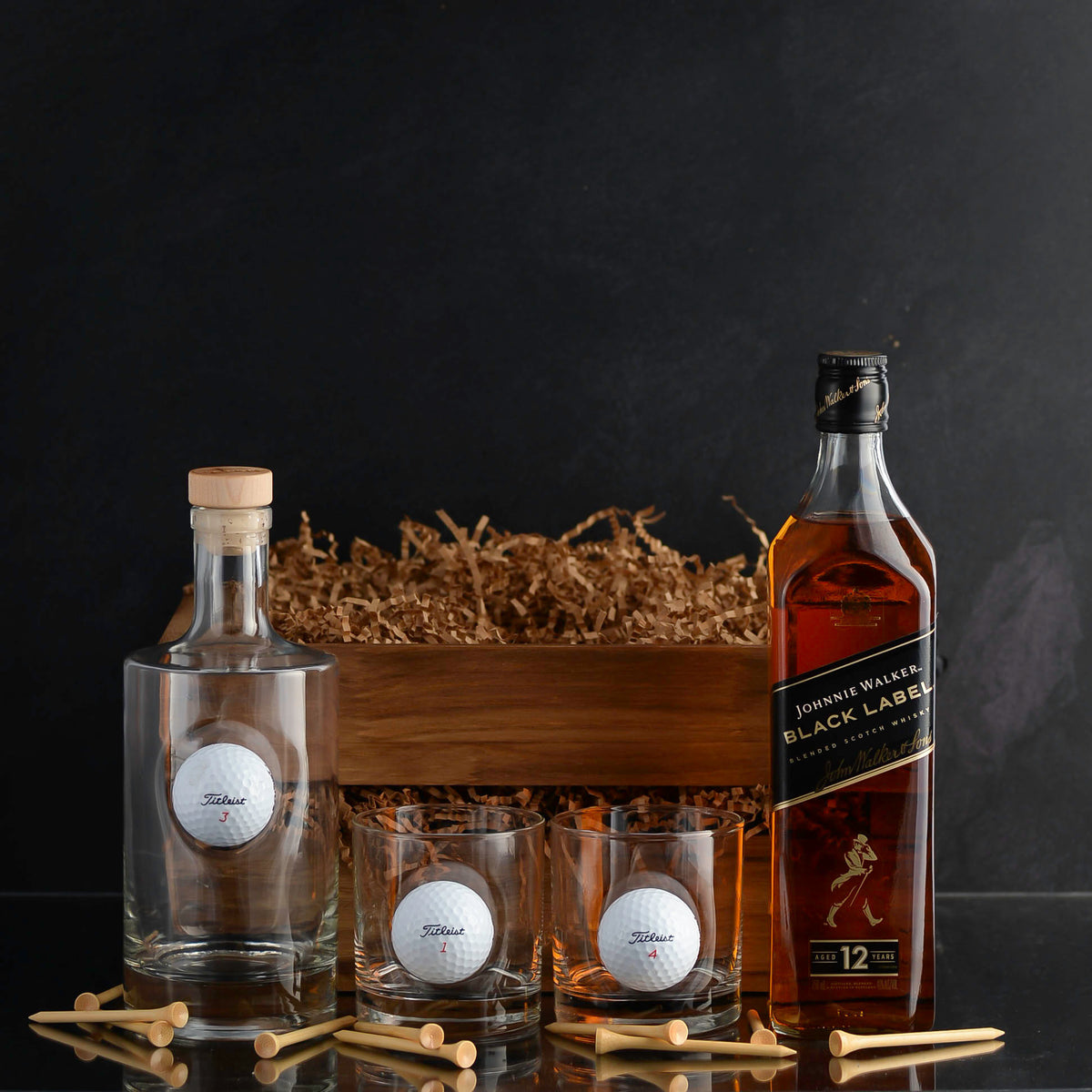 Johnnie Walker Scotch Whisky Personalized Gift Basket Set for whiskey lovers, golf lovers, corporate events, and executive gifts