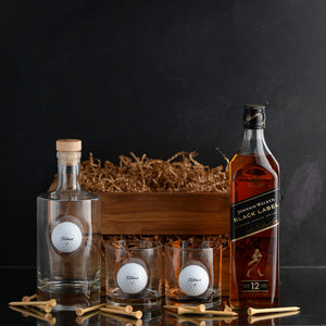 Black Label Whisky Gift Basket Set. Includes Golf decanter and golf rocks glasses. Free engraving. Fast Delivery.