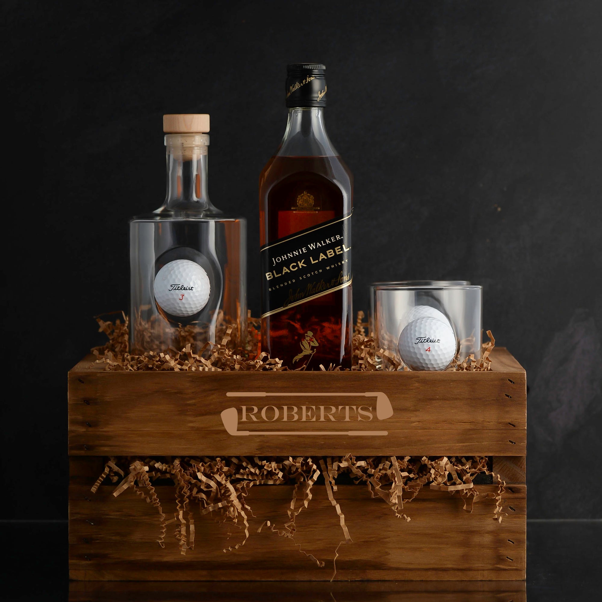 Black Label Whisky Gift Basket Set. Includes Golf decanter and golf rocks glasses. Free engraving. Fast Delivery.