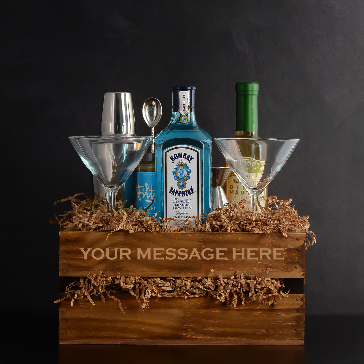 Luxury Bombay Sapphire Gin Filthy Martini Gift Basket Set for birthdays, corporate gifts, and thank-you