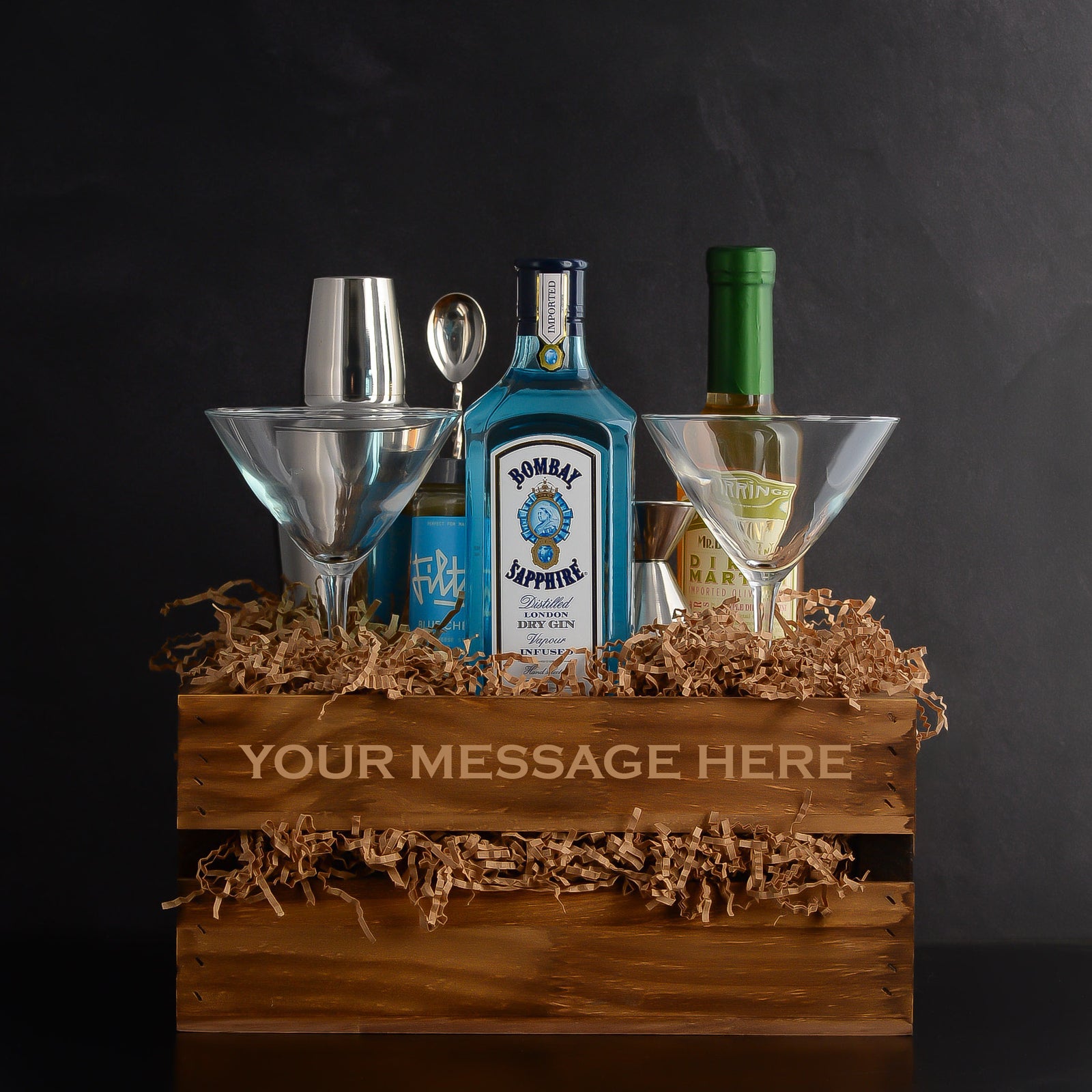 Luxury Bombay Sapphire Gin Filthy Martini Gift Basket Set for birthdays, corporate gifts, and thank-you