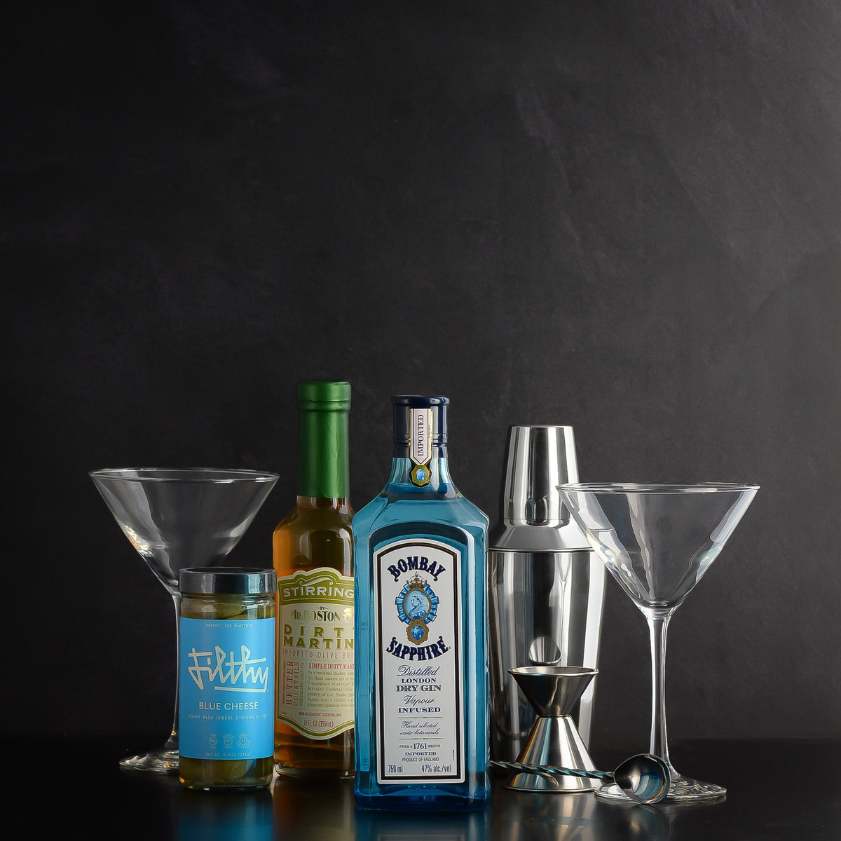 Luxury Bombay Sapphire Gin Filthy Martini Cocktail Gift Set for corporate gifting, birthdays, thank-you