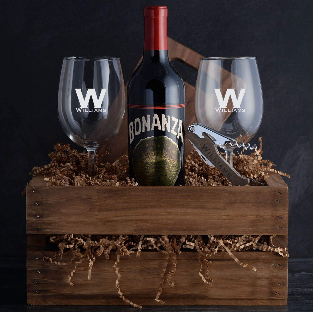 Caymus Vineyards Bonanza Cabernet Sauvignon Luxury Wine Gift Basket with personalization for birthdays, holidays, corporate wine gifts, and housewarmings