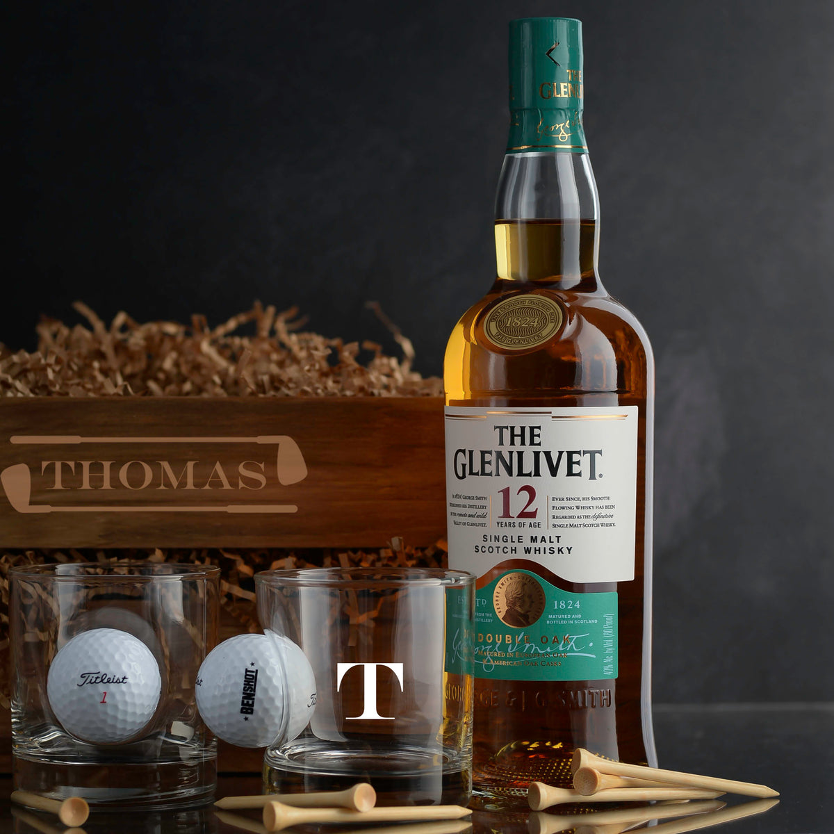 Glenlivet Whisky Gift Basket Set for birthdays, luxury corporate gifting, golf events, award, and retirements