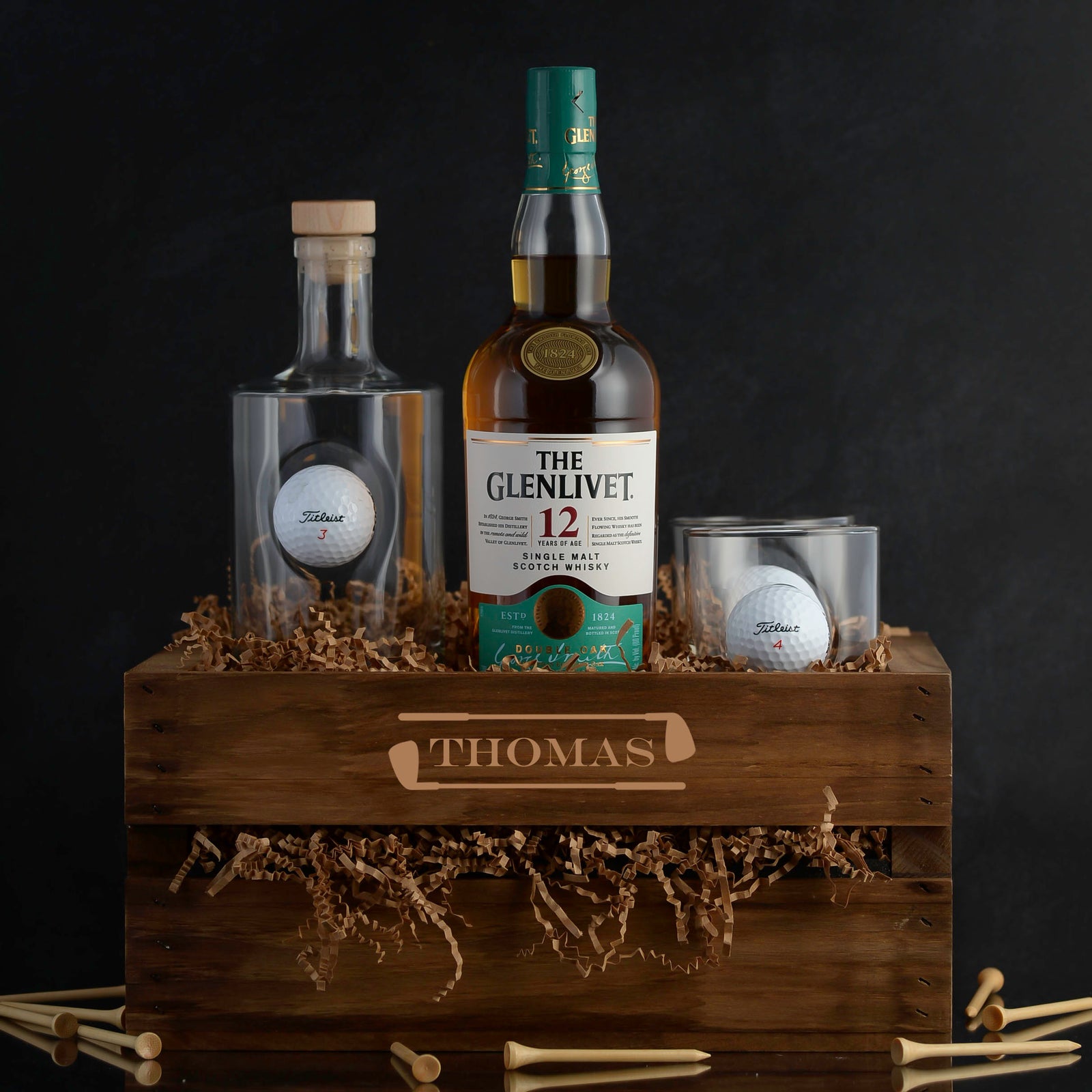 Glenlivet Whisky Gift Basket Set for birthdays, luxury corporate gifting, golf events, award, and retirements