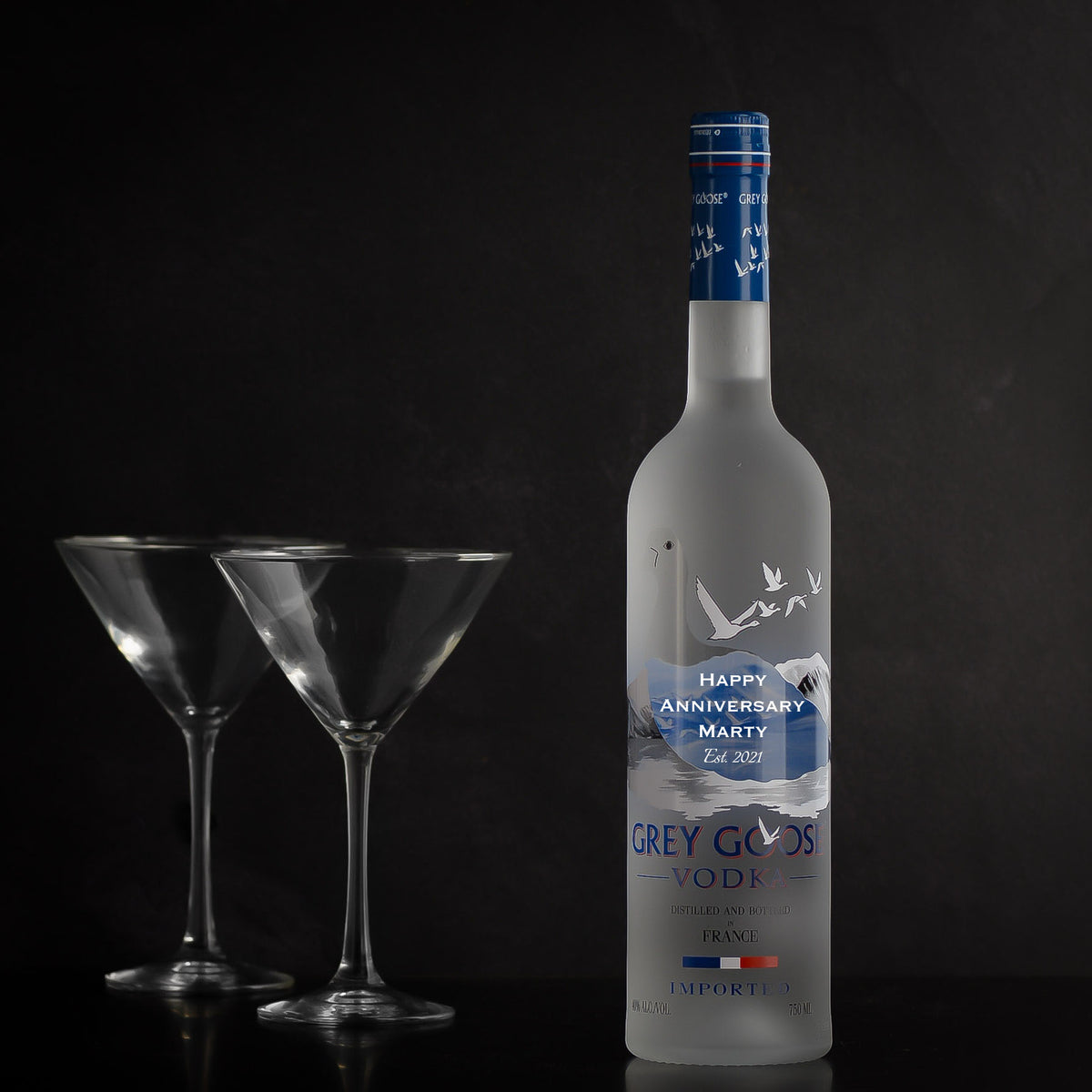 Grey Goose Vodka Engraved Bottle Gift for birthdays, anniversaries, retirements, thank-you, and vodka lovers