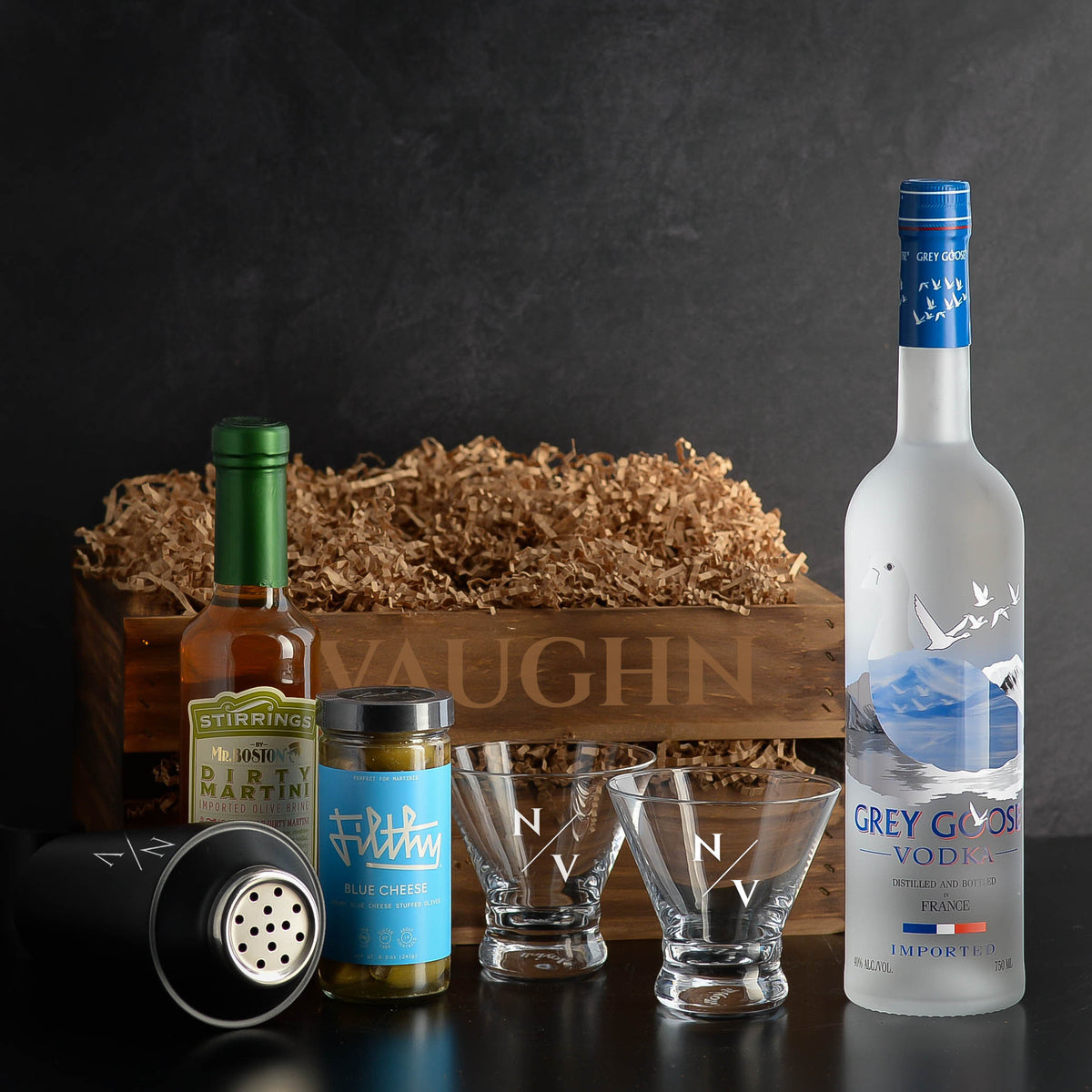 Personalized Grey Goose Vodka Martini Gift Set; Dirty martini cocktail kit.