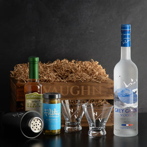 Grey Goose Vodka Martini Gift Set; comes with two stemless martini glasses, shaker, Stirrings Dirty Martini Olive Brine and Filthy Foods Stuffed Olives
