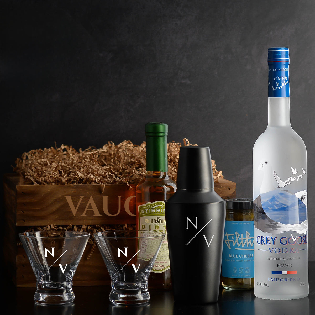 Personalized Grey Goose Vodka Martini Gift Set-Dirty martini cocktail kit.