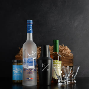 Grey Goose Vodka Martini Gift Set; comes with two stemless martini glasses, shaker, Stirrings Dirty Martini Olive Brine and Filthy Foods Stuffed Olives