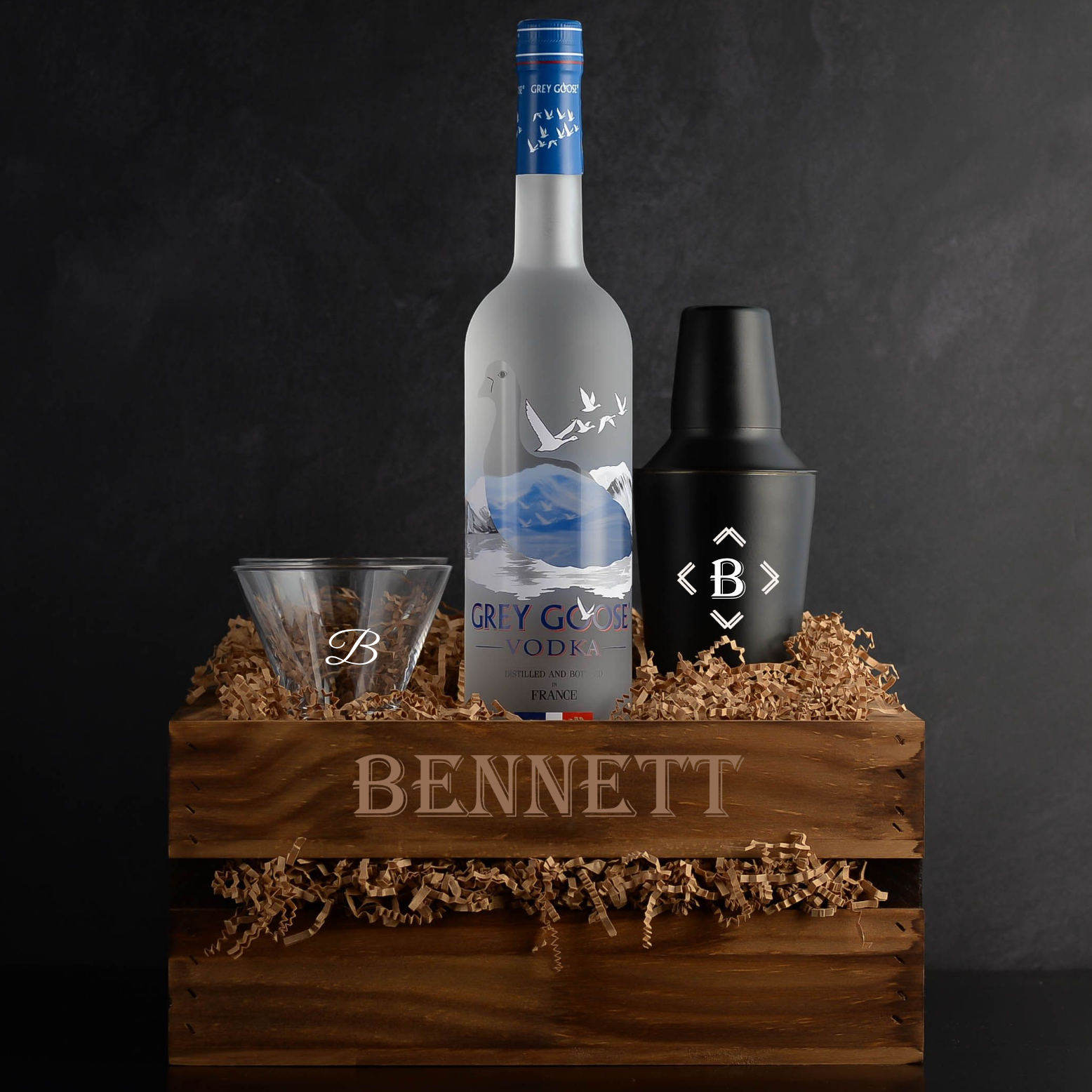 Grey Goose Vodka Martini Gift Set by Elevated Spirit Shop. Includes two stemless martini glasses and a shaker. Gift baskets and sets for any holiday or special occasion.Free engraving. Fast delivery.