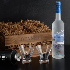 Grey Goose Vodka Martini Gift Set by Elevated Spirit Shop. Includes two stemless martini glasses and a shaker. Free engraving. Fast delivery.