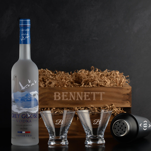 Grey Goose Vodka Martini Gift Set by Elevated Spirit Shop. Includes two stemless martini glasses and a shaker. Free engraving. Fast delivery.