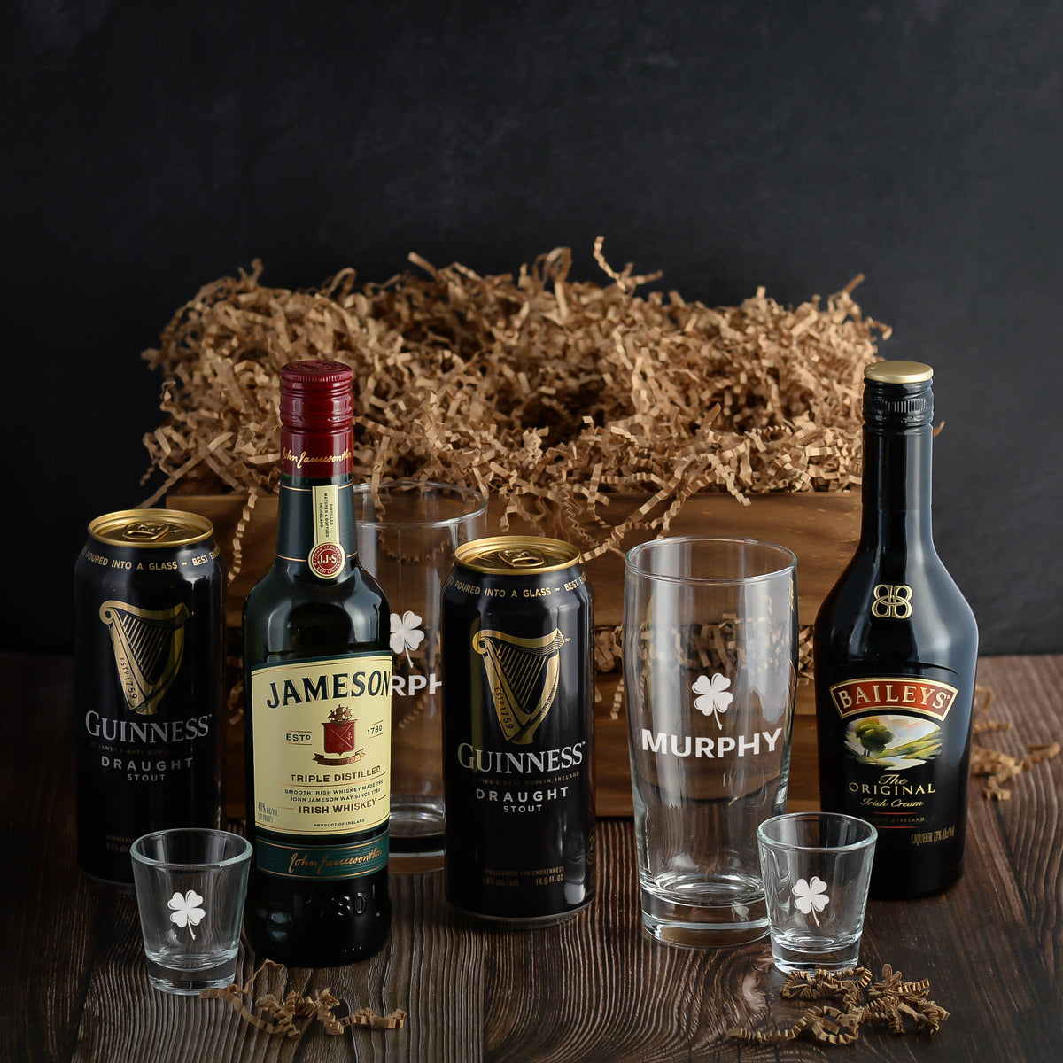 Jameson Whiskey, Guinness Stout, and Baileys Gift basket crate. Perfect for St. Patrick's Day or any special occasion. Fast Delivery. 