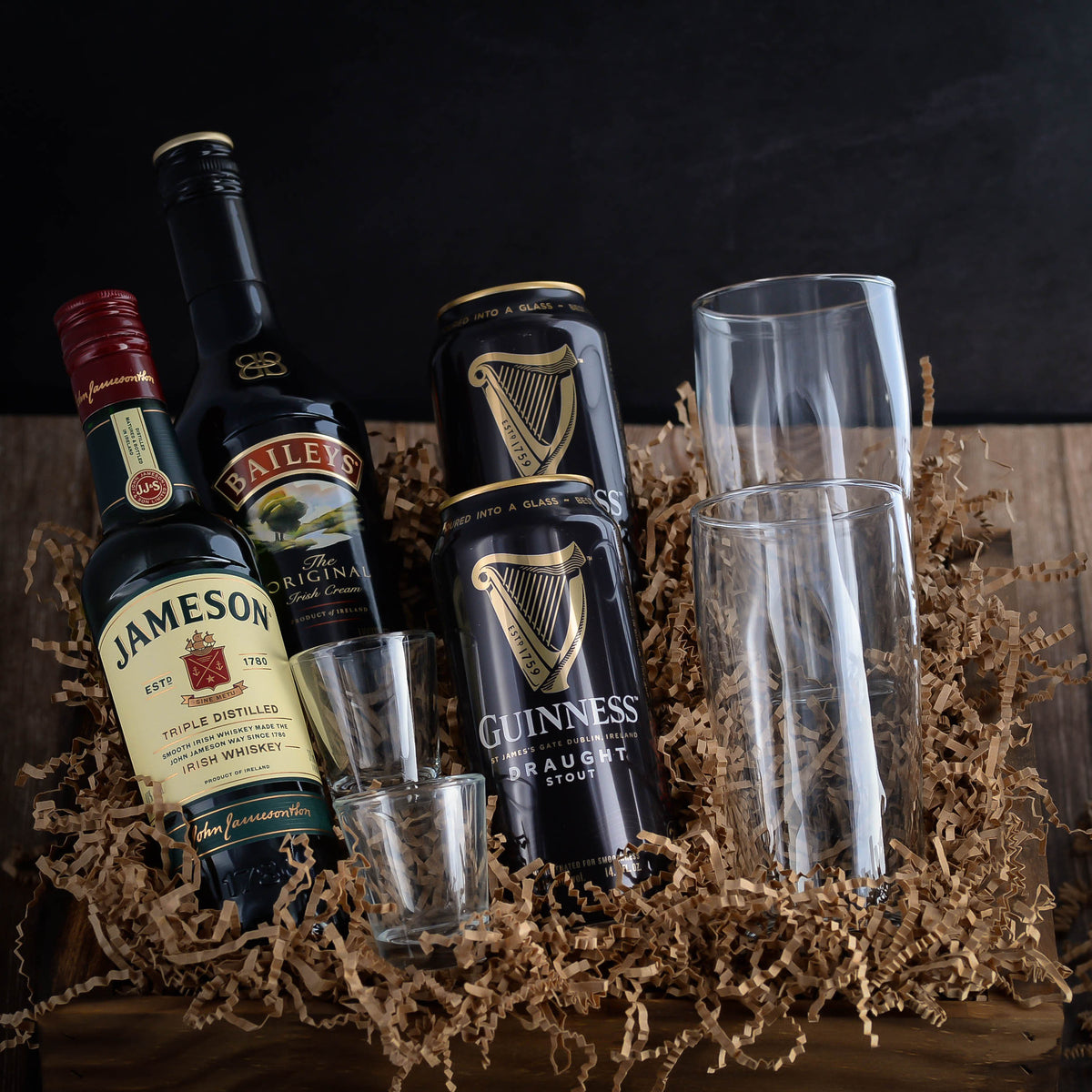 Jameson Whiskey, Guinness Stout, and Baileys Gift basket crate. Perfect for St. Patrick's Day or any special occasion. Fast Delivery. 