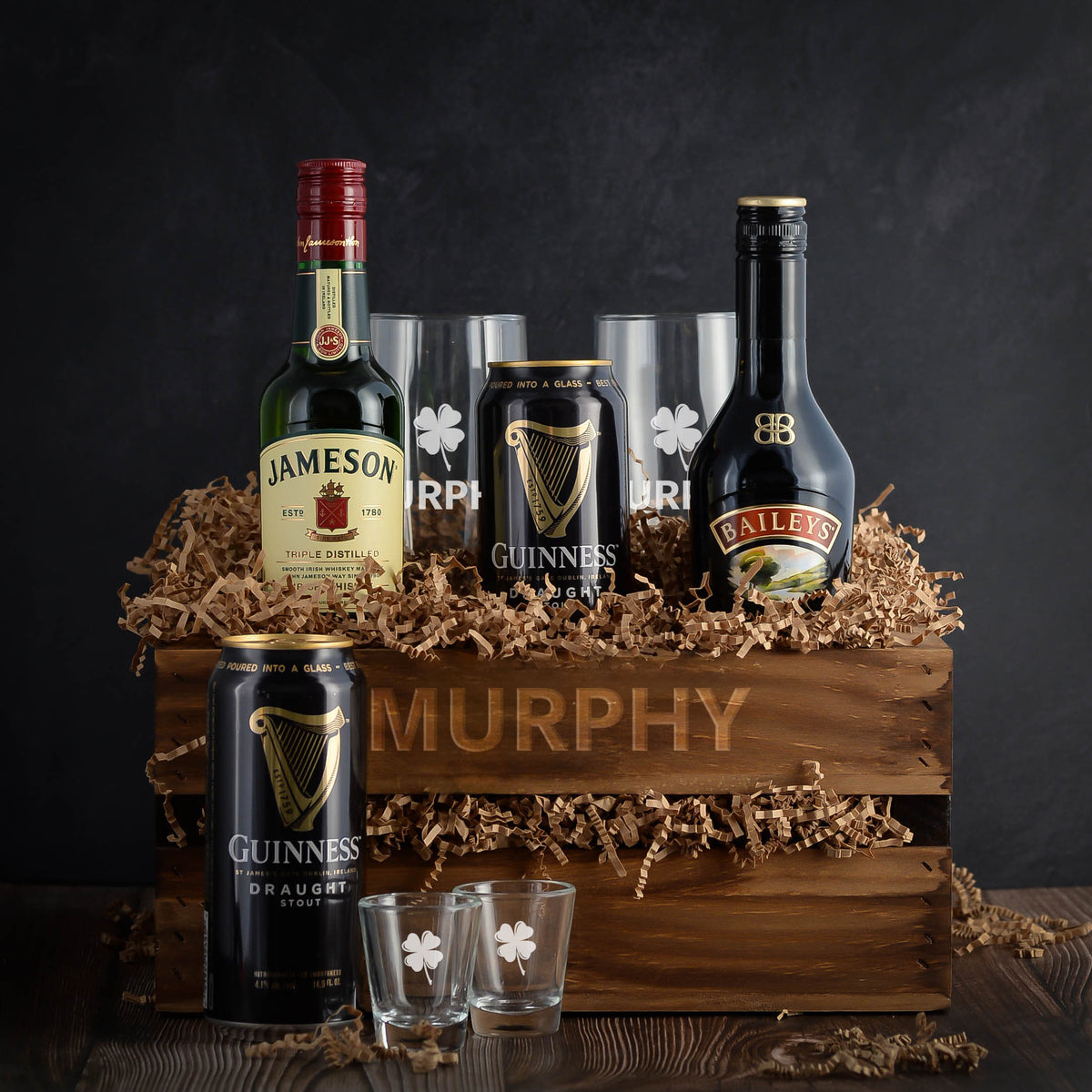 Jameson Whiskey, Guinness Stout, and Baileys Gift basket crate. Perfect for St. Patrick's Day or any special occasion. Fast Delivery. 