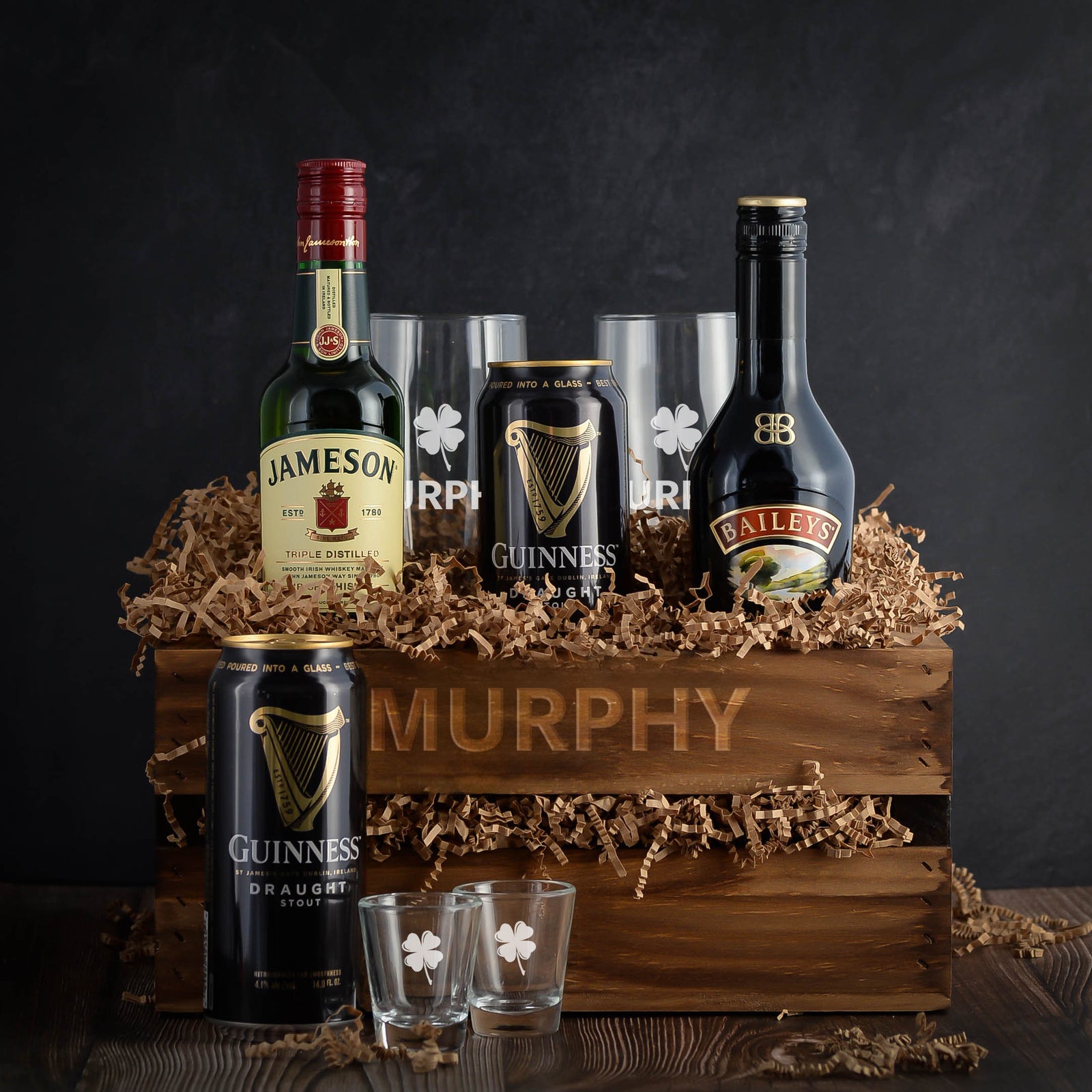 Jameson Whiskey, Guinness Stout, and Baileys Gift basket crate. Perfect for St. Patrick's Day or any special occasion. Fast Delivery. 
