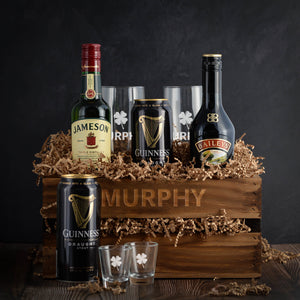 Jameson Whiskey, Guinness Stout, and Baileys Gift basket crate. Perfect for St. Patrick's Day or any special occasion. Fast Delivery. 