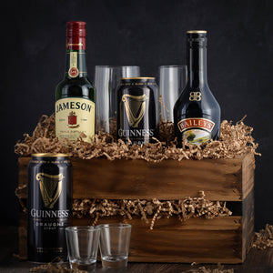 Jameson Whiskey, Guinness Stout, and Baileys Gift basket crate. Perfect for St. Patrick's Day or any special occasion. Fast Delivery. 