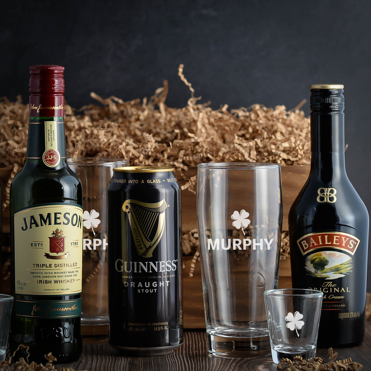Jameson Whiskey, Guinness Stout, and Baileys Gift basket crate. Perfect for St. Patrick's Day or any special occasion. Fast Delivery. 