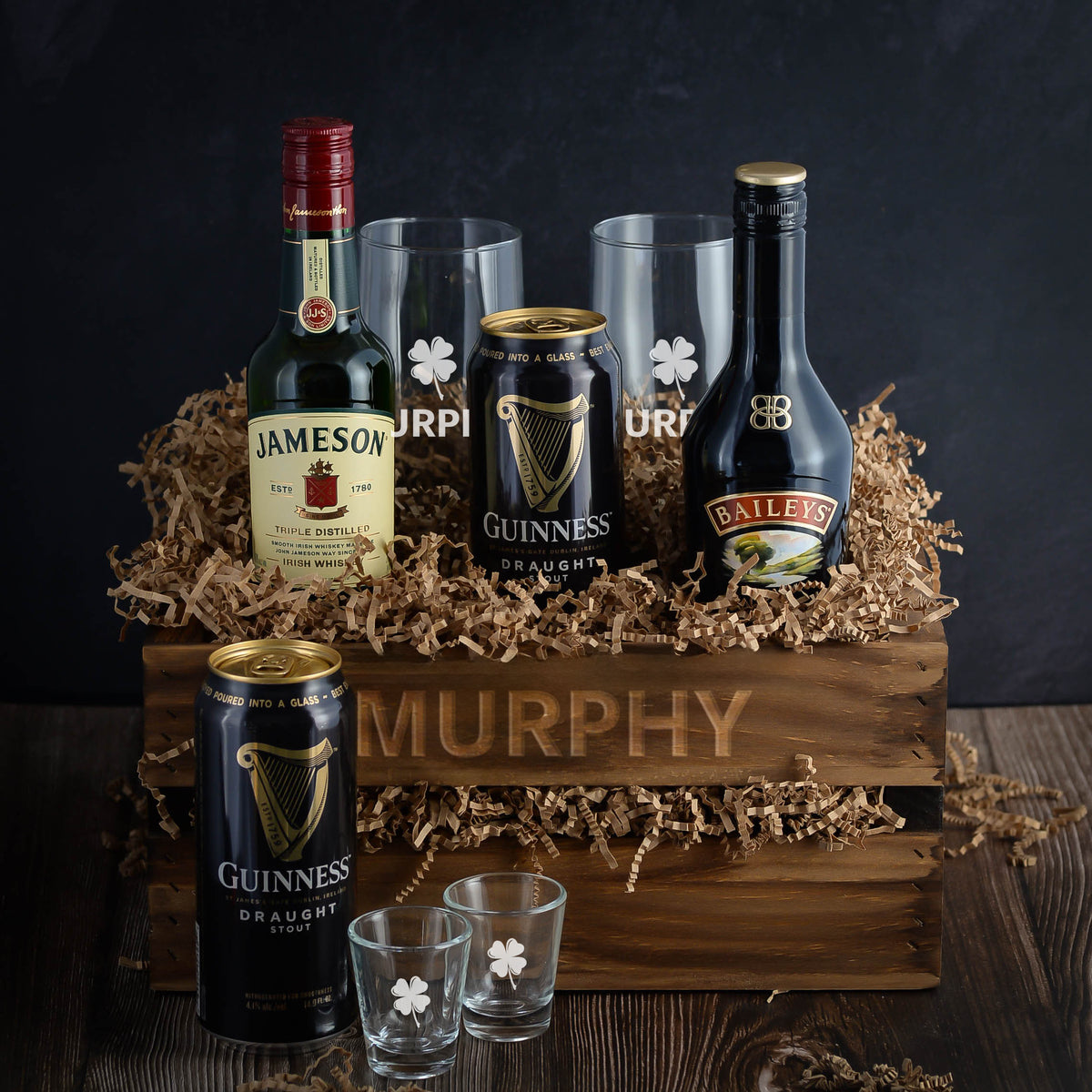 Jameson Whiskey, Guinness Stout, and Baileys Gift basket crate. Perfect for St. Patrick's Day or any special occasion. Fast Delivery. 