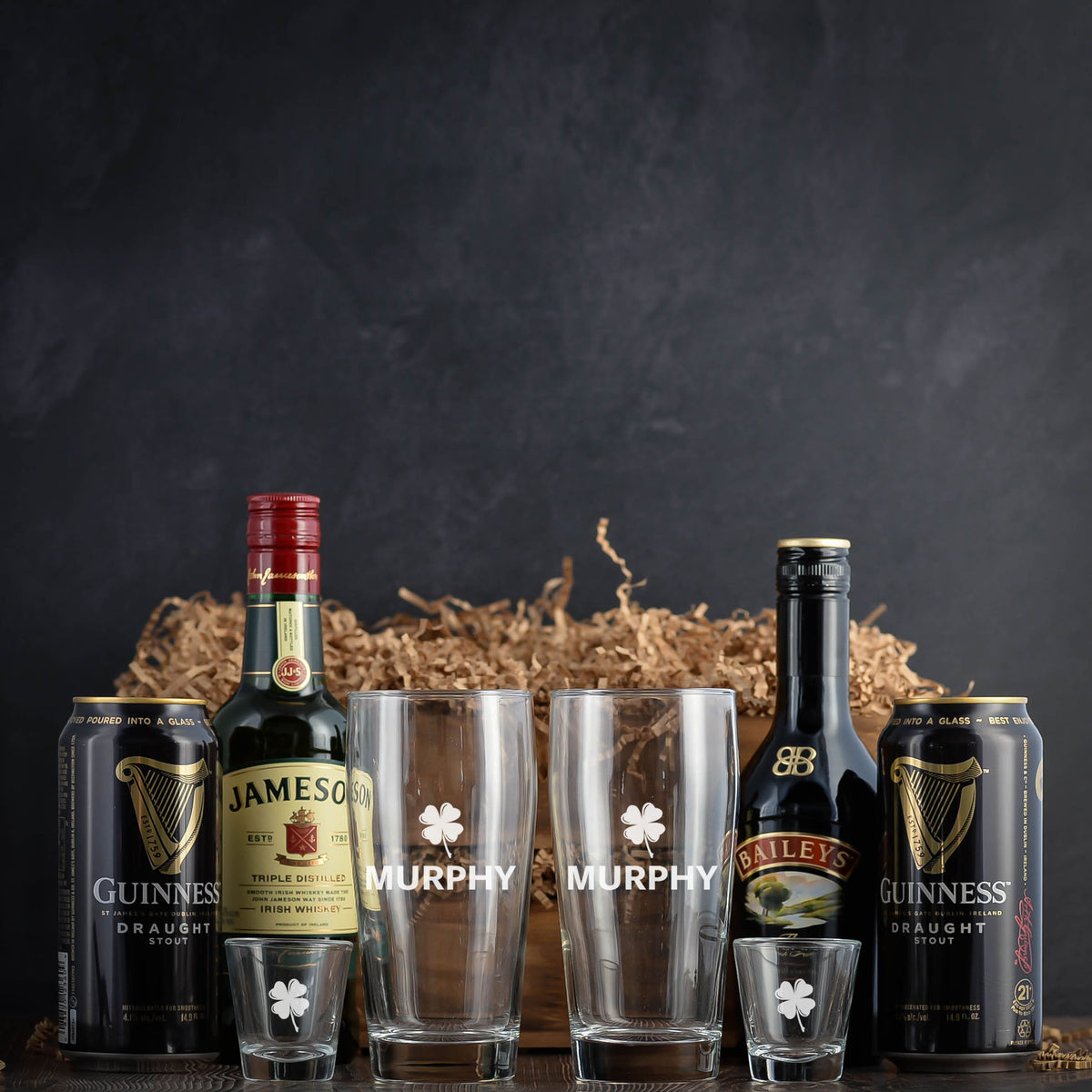 Jameson Whiskey, Guinness Stout, and Baileys Gift basket crate. Perfect for St. Patrick's Day or any special occasion. Fast Delivery. 