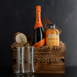 Mother's Day Gift Basket, includes prosecco, bellini mixer, champagne flutes, coasters, and cutting board. Great Mother's Day gift idea.