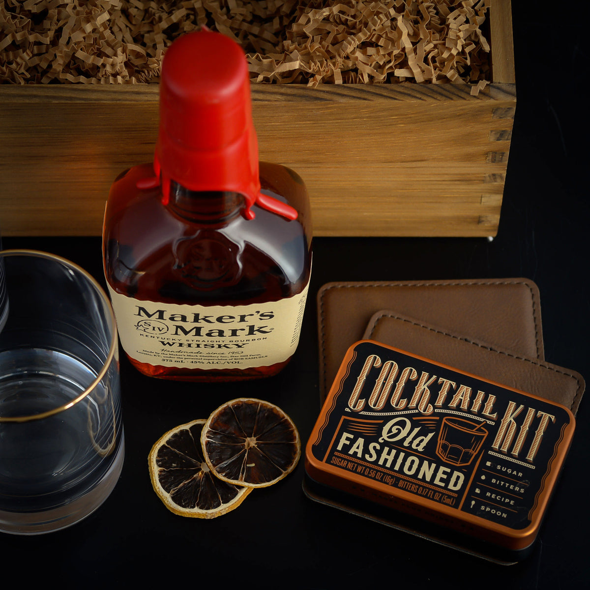 Old Fashioned cocktail gift set with Maker's Mark, Woodford Reserve, Gentleman Jack, Bulleit bourbon whiskey.