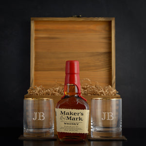 Personalized whiskey gift box with rocks glasses for birthdays or corporate gifts