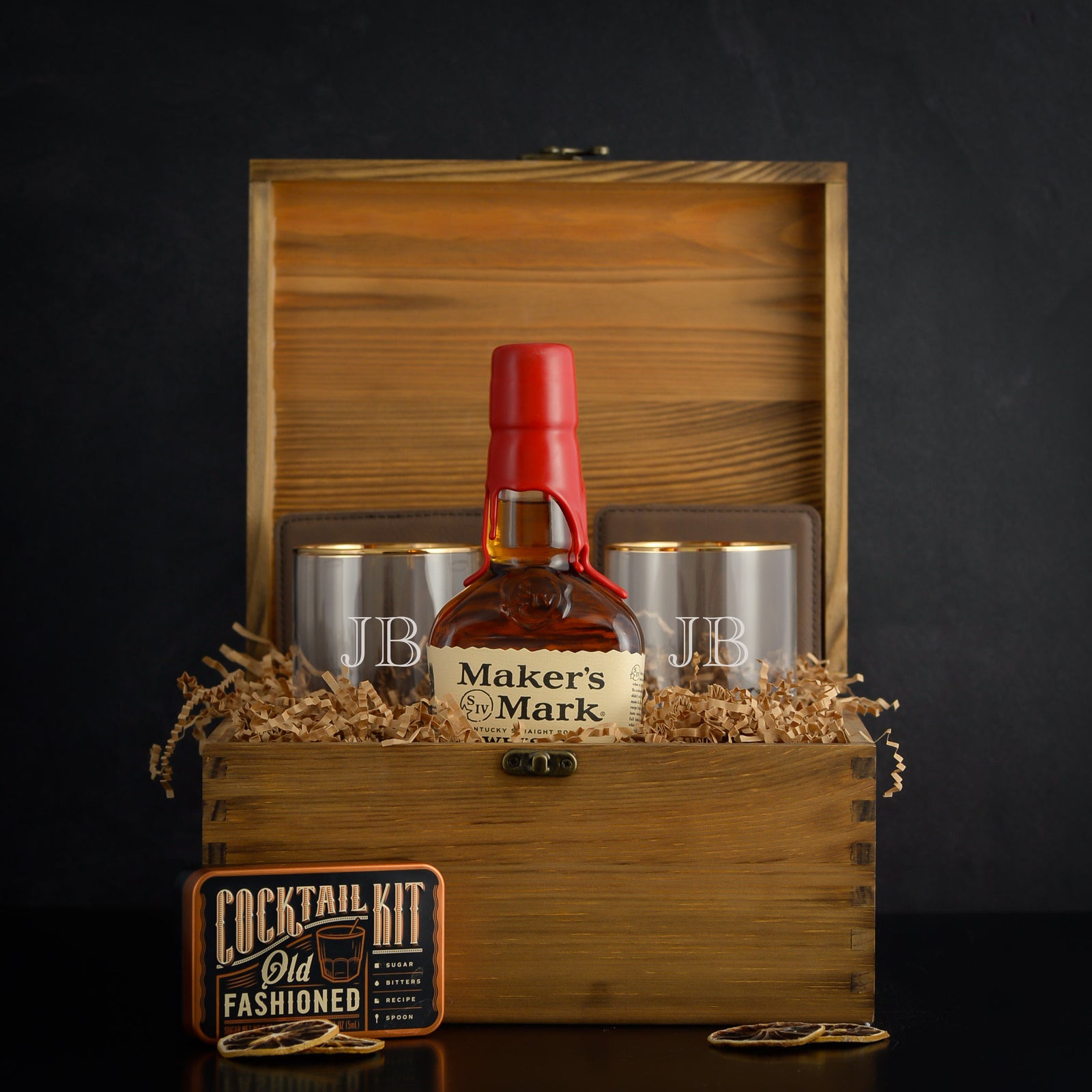 Old Fashioned Whiskey Gift Box Set with custom engraving on glasses