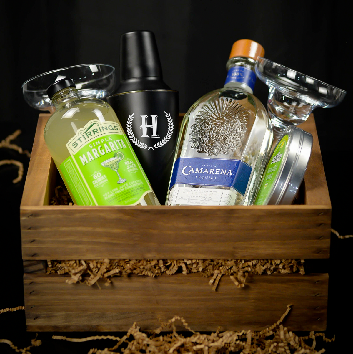 Camarena Silver Tequila Margarita Personalized Gift Basket Set in Crate